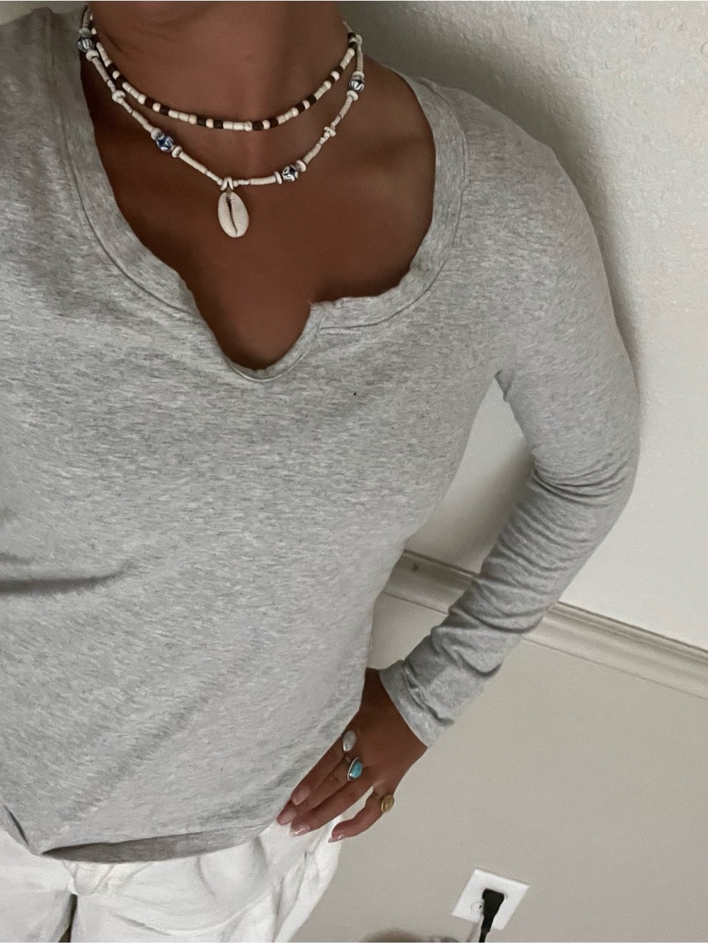 Light Gray Long-Sleeve Notch Neck Tee